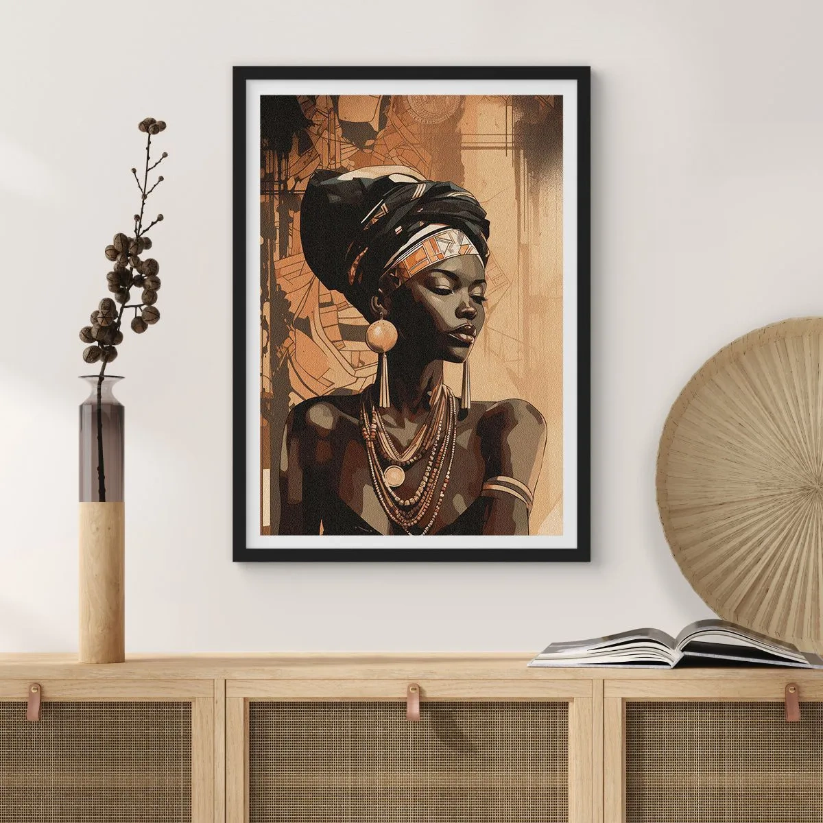Plakat w czarnej ramie - Portret afrykańskiej kobiety w tradycyjnych ozdobach - 50x70cm - Afrykański majestat - Nowoczesna dekoracja ścienna do salonu i sypialni ARTTOR
