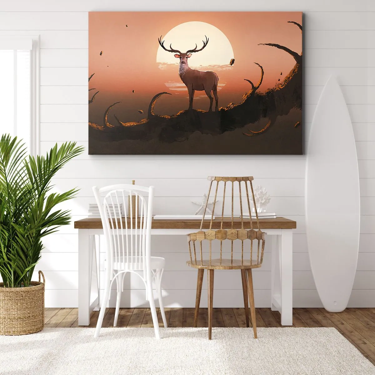Obraz na płótnie - Jeleń na tle zachodzącego słońca i surrealistycznego krajobrazu - 70x50cm - Ta noc do innych jest niepodobna - Nowoczesna dekoracja ścienna do salonu i sypialni ARTTOR
