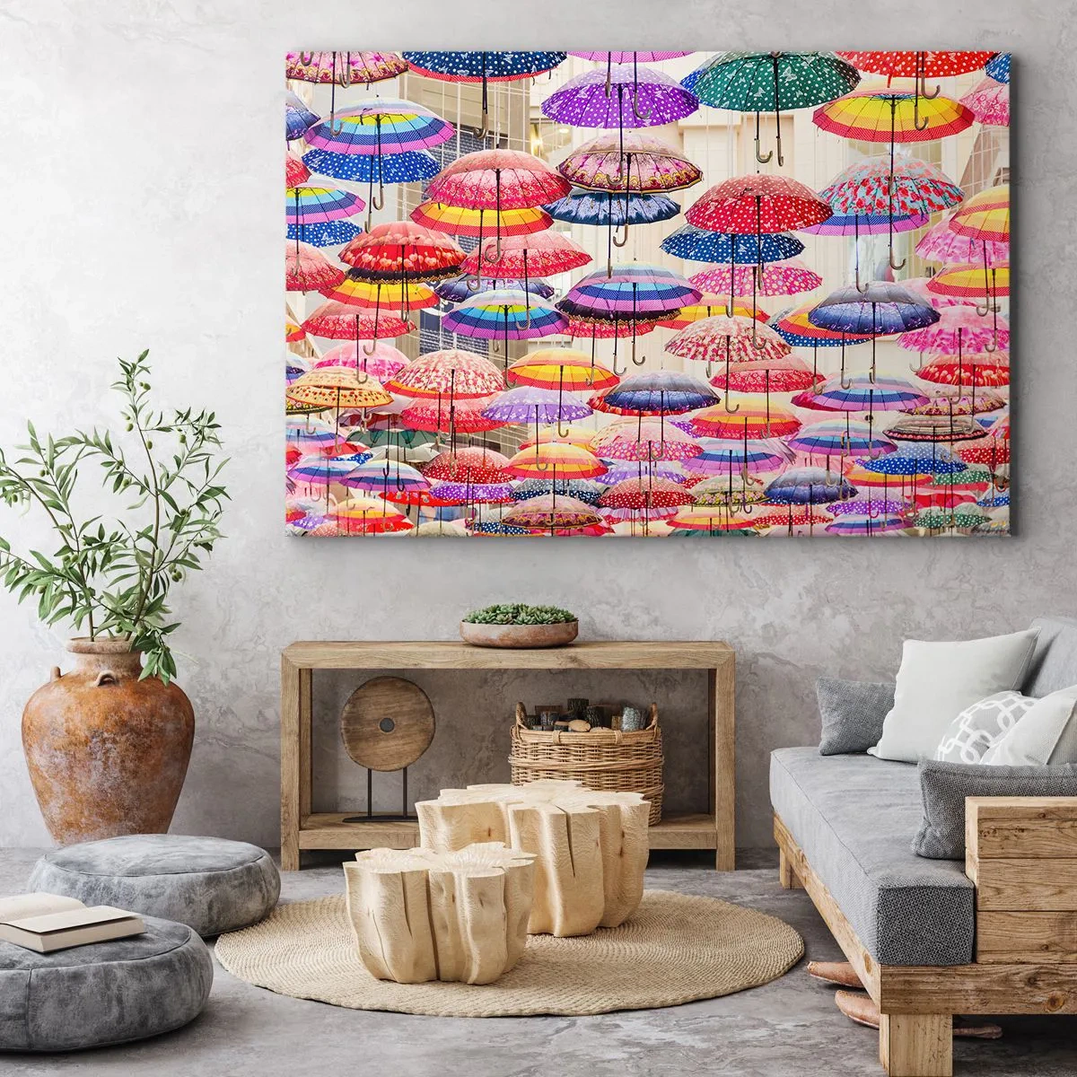 Obraz na płótnie - Kolorowe parasole zawieszone w powietrzu - 70x50cm - Miejska łąka - Nowoczesna dekoracja ścienna do salonu i sypialni ARTTOR