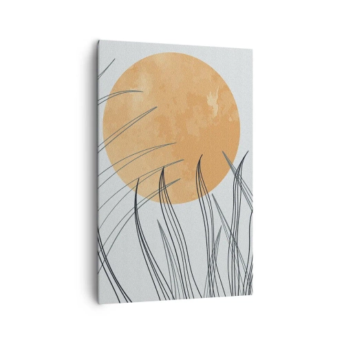 Obraz na płótnie - Abstrakcyjne źdźbła traw na tle dużego pomarańczowego słońca - 80x120cm - Zawsze ku słońcu - Nowoczesna dekoracja ścienna do salonu i sypialni ARTTOR