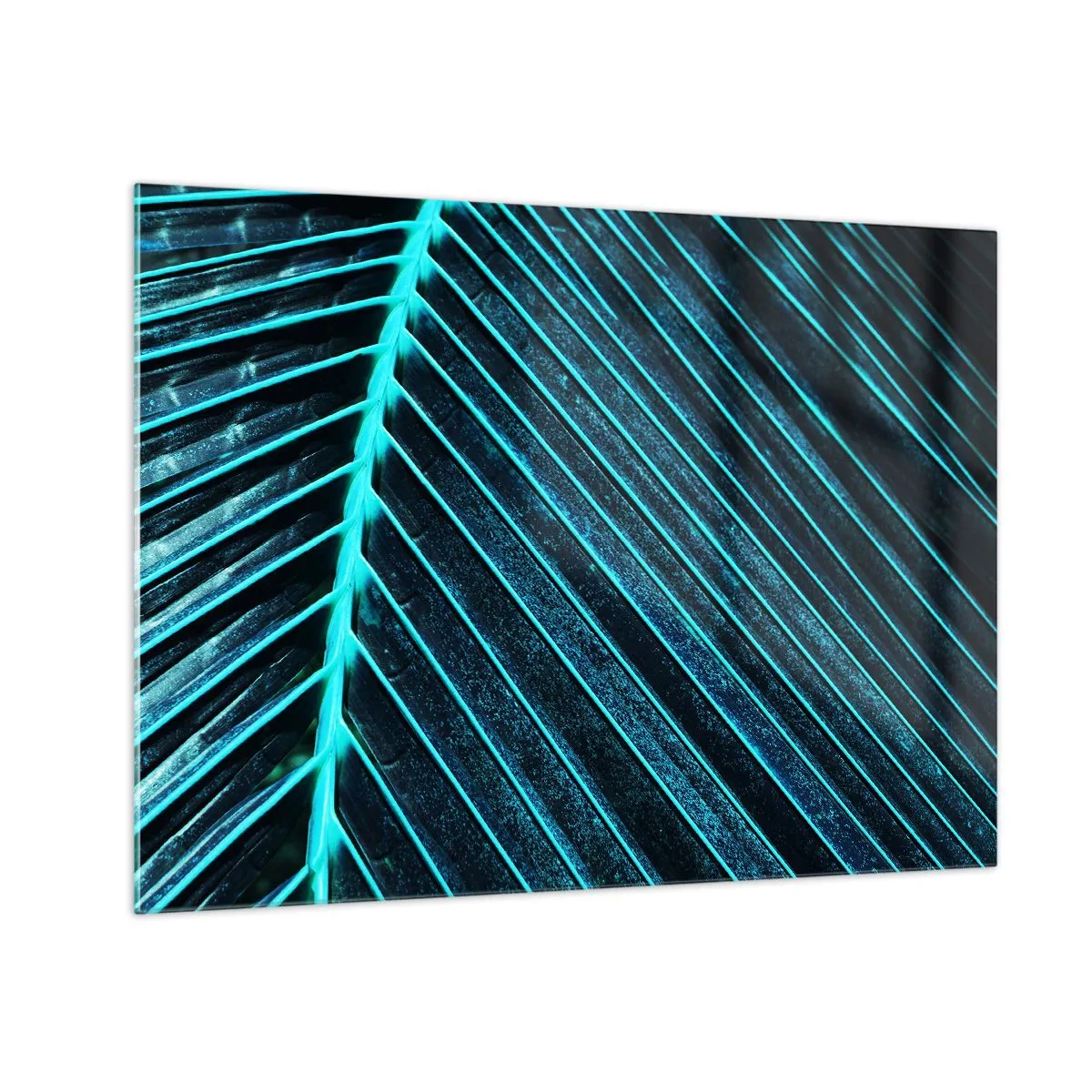 Obraz na szkle - Makrofotografia liścia palmowego w odcieniach turkusu - 70x50cm - Faktura zieleni - Nowoczesna dekoracja ścienna do salonu i sypialni ARTTOR