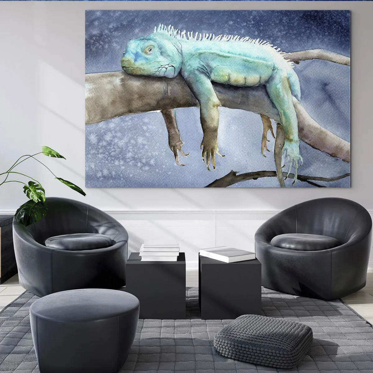 Obraz na szkle - Niebieska iguana leżąca na gałęzi w akwarelowym stylu - 70x50cm - Jest dobrze! - Nowoczesna dekoracja ścienna do salonu i sypialni ARTTOR