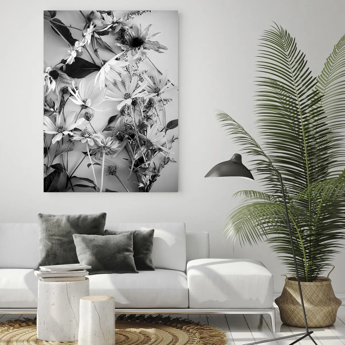 Obraz na szkle - Rozsypane czarno-białe kwiaty w artystycznym układzie - 50x70cm - Nie-bukiet kwiatów - Nowoczesna dekoracja ścienna do salonu, kuchni i sypialni ARTTOR