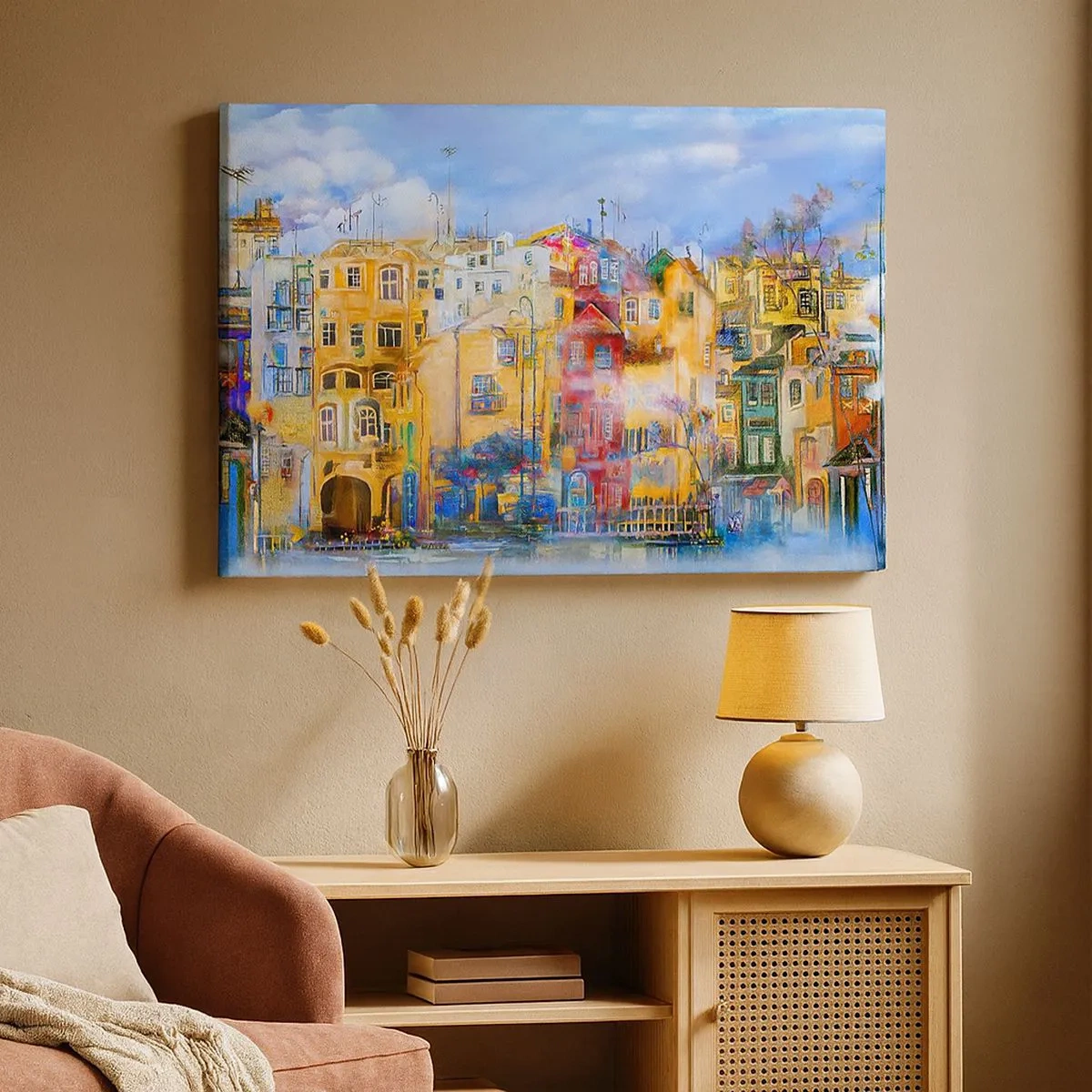 Obraz na płótnie - Kolorowe budynki miejskie w artystycznym stylu - 70x50cm - Jesteśmy razem - Nowoczesna dekoracja ścienna do salonu i sypialni ARTTOR