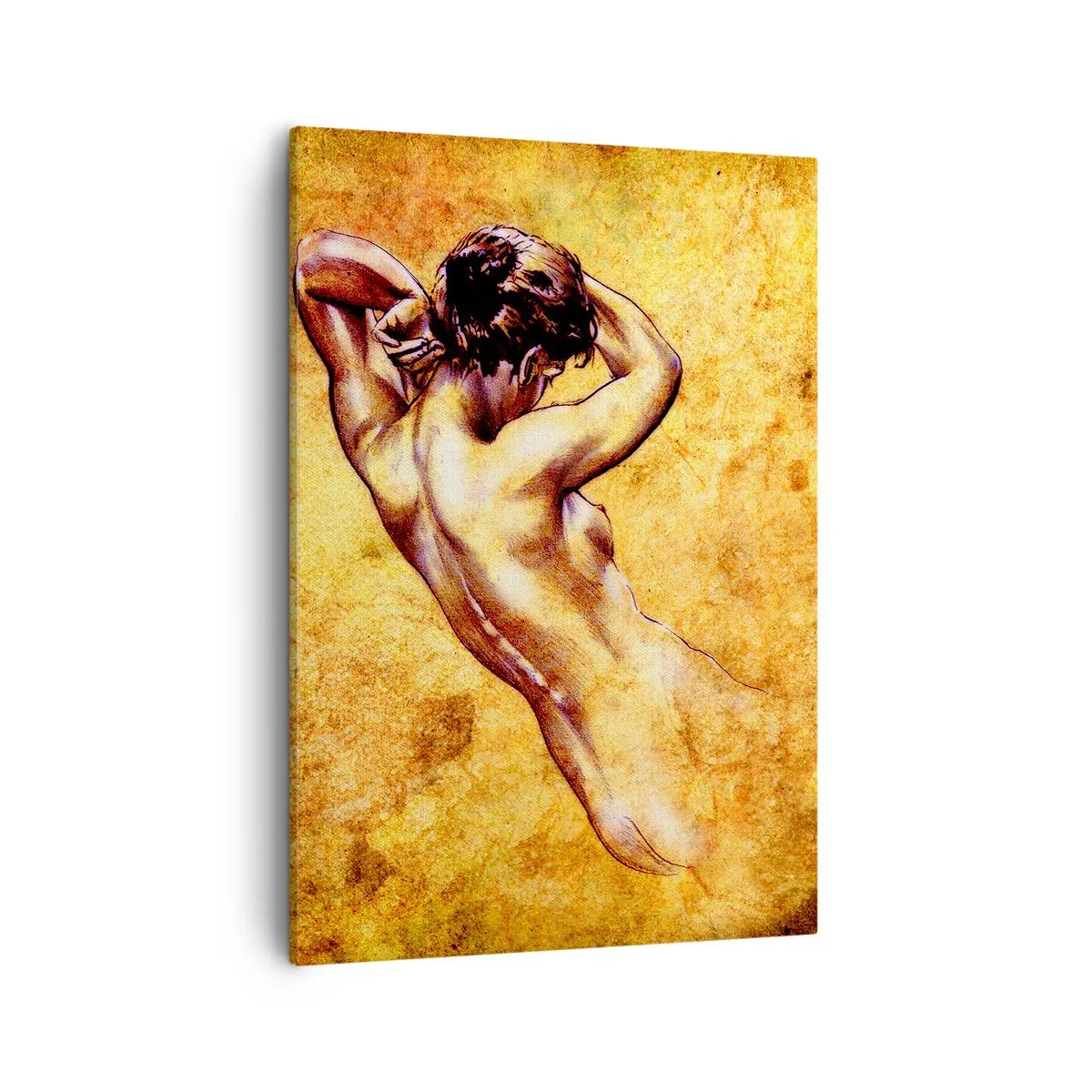 Obraz na płótnie - Artystyczny akt na tle w odcieniach złota - 50x70cm - Odkryta, ale wciąż tajemnica - Nowoczesna dekoracja ścienna do salonu, kuchni i sypialni ARTTOR