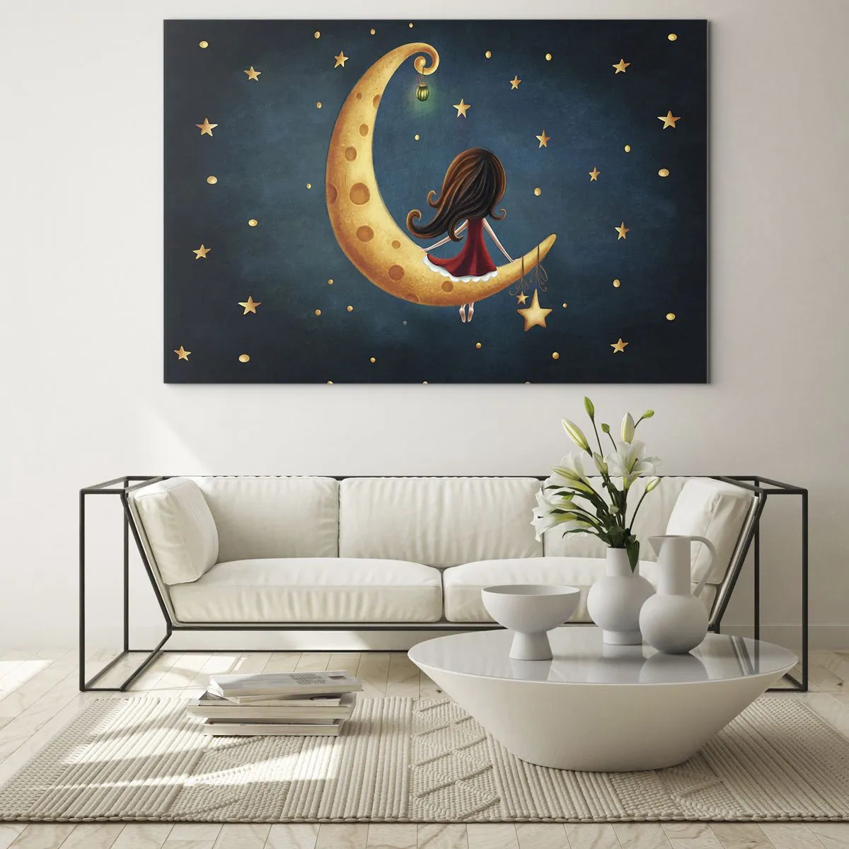 Obraz na szkle - Dziewczynka na księżycu wśród gwiazd na granatowym tle - 70x50cm - Pewnego razu… - Nowoczesna dekoracja ścienna do salonu i sypialni ARTTOR