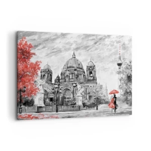 Obraz na płótnie - Czarno-biała scena z Berlinem, czerwonym parasolem i drzewem - 100x70cm - Berlińskie spotkanie - Nowoczesna dekoracja ścienna do salonu, kuchni i sypialni ARTTOR