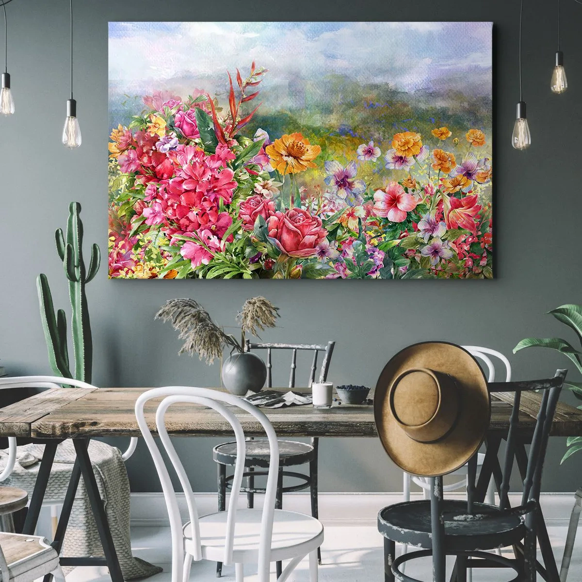 Obraz na płótnie - Barwna kompozycja kwiatów na tle pejzażu w pastelowych kolorach - 70x50cm - Ogród, który oszalał - Nowoczesna dekoracja ścienna do salonu i sypialni ARTTOR