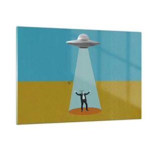Obraz na szkle - Mężczyzna w świetle spodka kosmicznego na kolorowym tle - 120x80cm - Bliskie spotkanie - Nowoczesna dekoracja ścienna do salonu, kuchni i sypialni ARTTOR