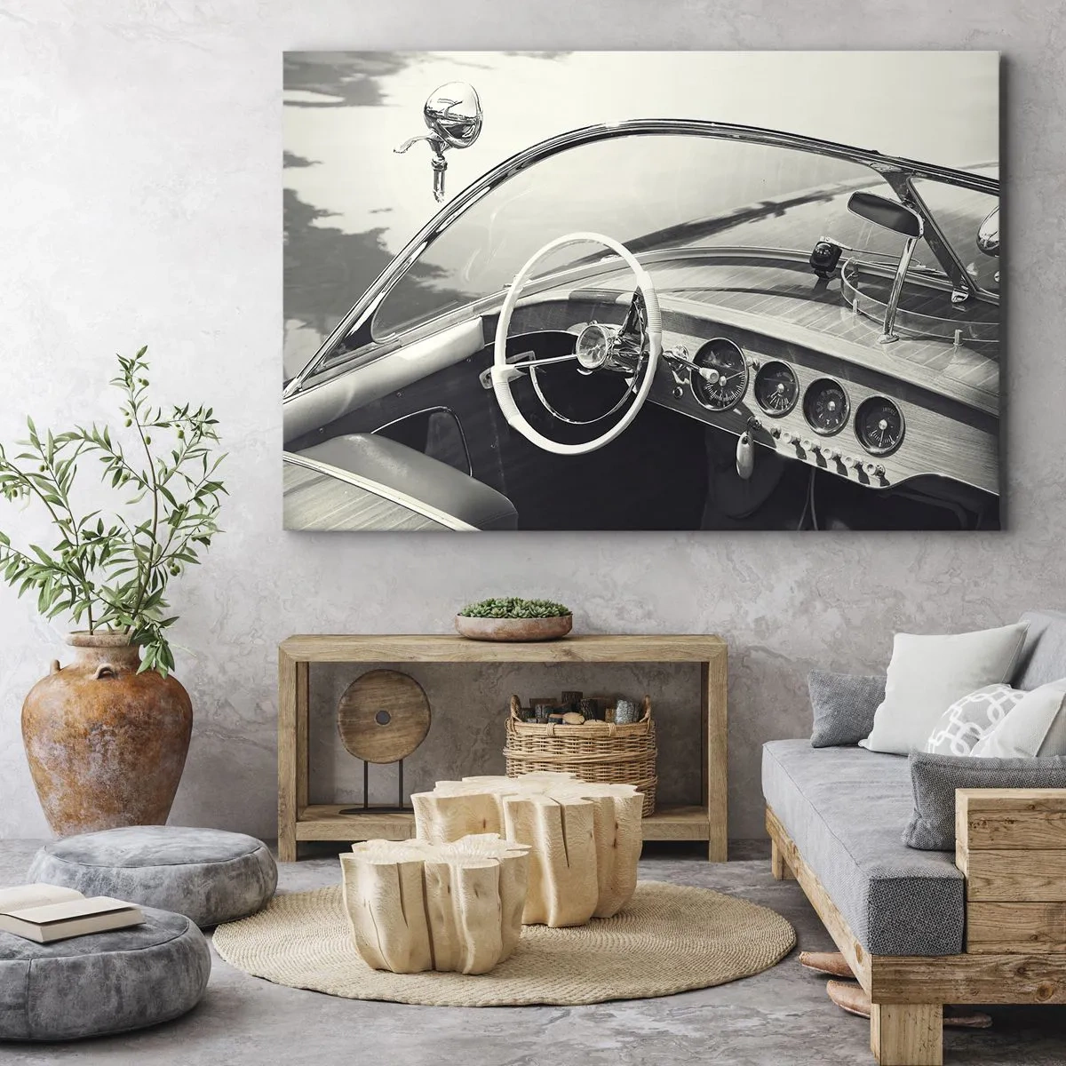 Obraz na płótnie - Wnętrze klasycznego samochodu w monochromatycznym stylu - 70x50cm - Pogoda dla bogaczy - Nowoczesna dekoracja ścienna do salonu i sypialni ARTTOR