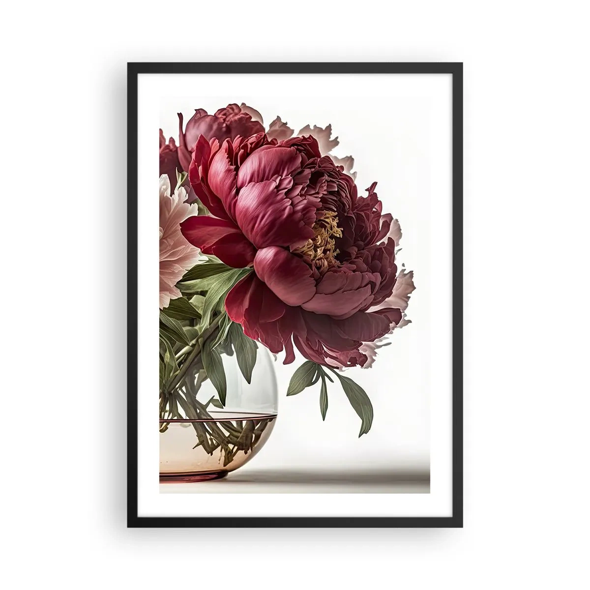 Plakat w czarnej ramie - Czerwone piwonie w szklanym wazonie na białym tle - 50x70cm - W pełnym rozkwicie urody - Nowoczesna dekoracja ścienna do salonu i sypialni ARTTOR