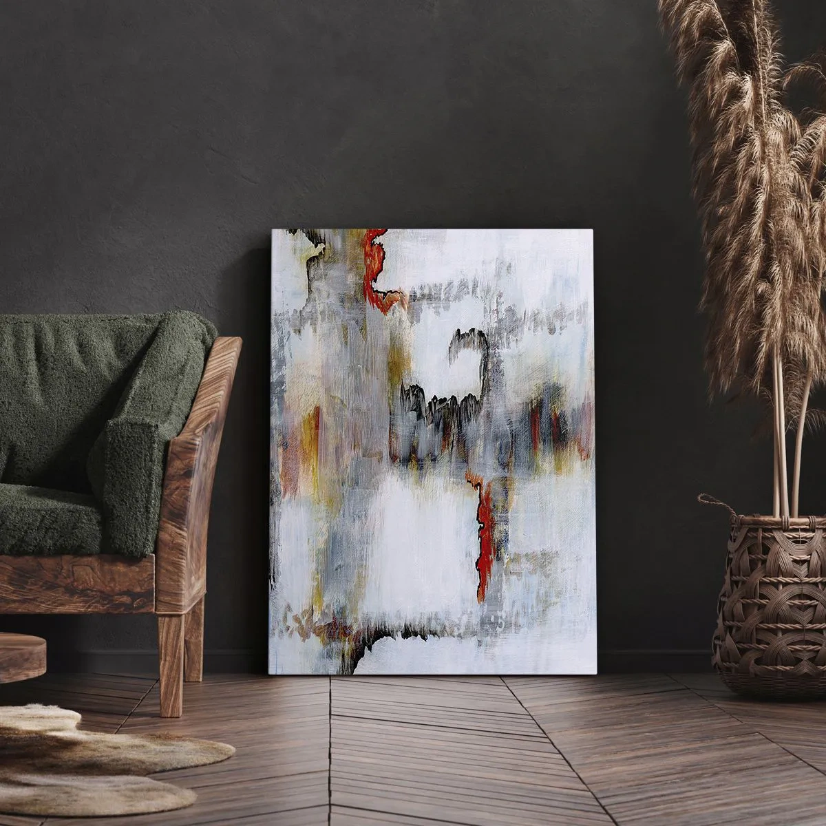 Obraz na płótnie - Minimalistyczna abstrakcja w stonowanych barwach z akcentami czerwieni - 50x70cm - Patykiem na wodzie - Nowoczesna dekoracja ścienna do salonu, kuchni i sypialni ARTTOR