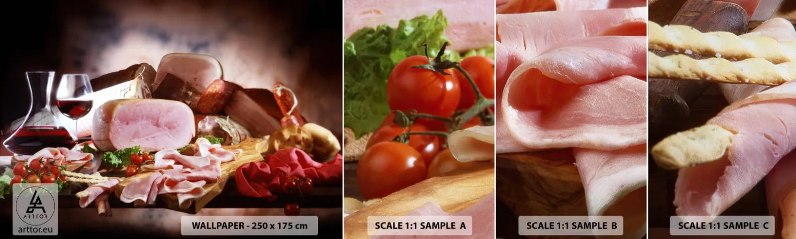 Fototapeta Próbka Standard Eco - Kulinarne marzenie z karafką - Gastronomia, Wędliny, Pomidory - 100x30 cm