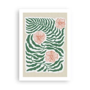 Plakat - Abstrakcyjna grafika liści i kwiatów na beżowym tle - 50x70cm - Rozkwitłe w zieleni - Nowoczesna dekoracja ścienna do salonu, kuchni i sypialni ARTTOR