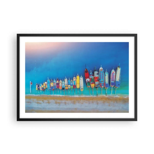 Plakat w czarnej ramie - Kolorowe łodzie ustawione w rząd nad brzegiem - 70x50cm - Z lotu ptaka - Nowoczesna dekoracja ścienna do salonu i sypialni ARTTOR