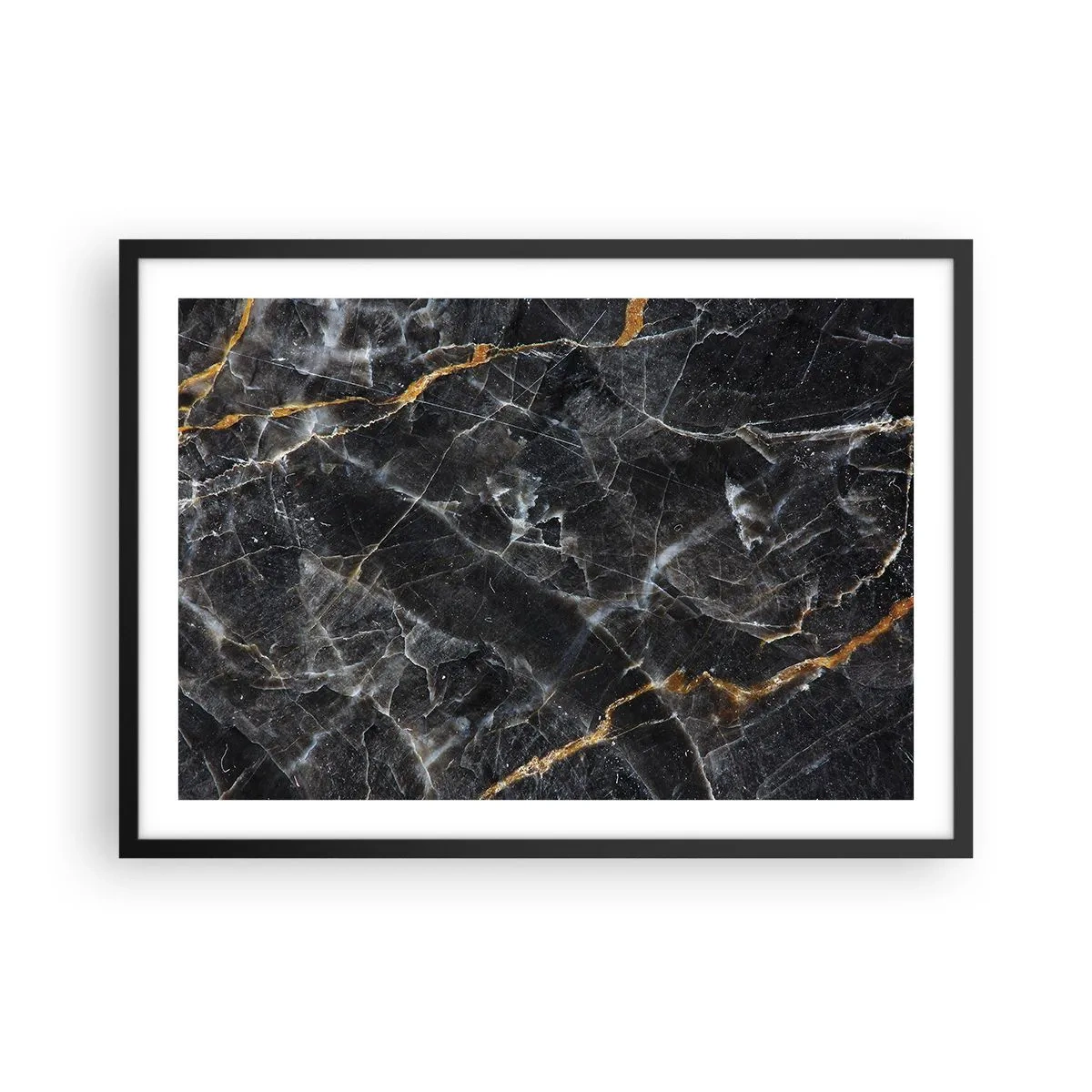 Plakat w czarnej ramie - Czarno-złote detale marmurowej powierzchni - 70x50cm - Wewnętrzne życie kamienia - Nowoczesna dekoracja ścienna do salonu i sypialni ARTTOR