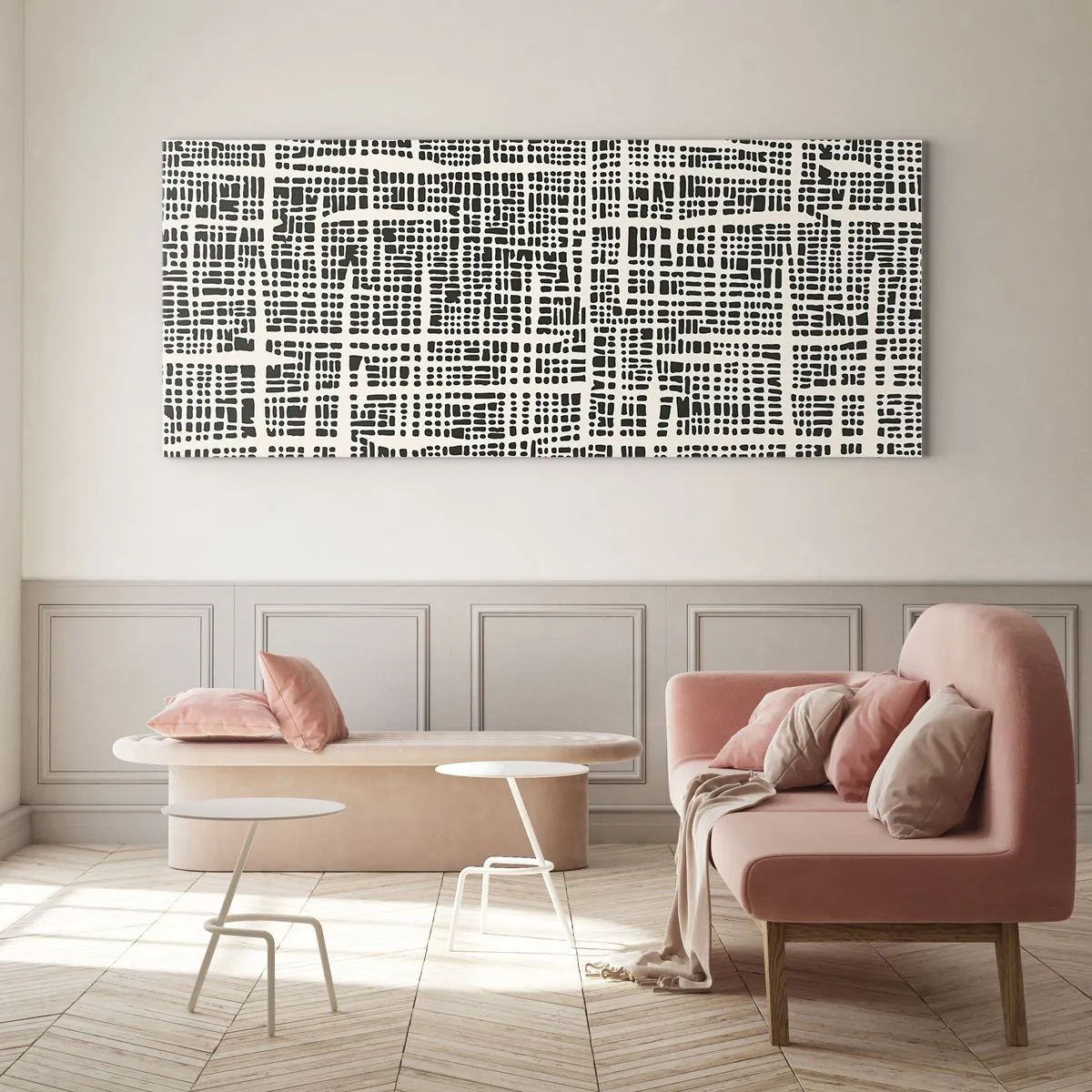 Obraz na szkle - Geometryczny wzór przypominający siatkę na jasnym tle - 160x50cm - Kompozycja utkana - Nowoczesna dekoracja ścienna do salonu i sypialni ARTTOR