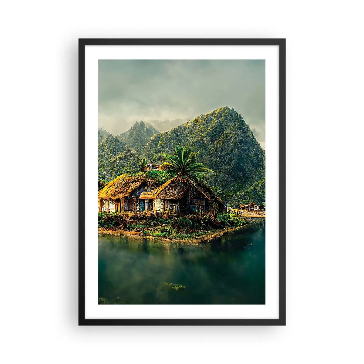 Plakat w czarnej ramie - Tropikalna chata na tle gór i jeziora - 50x70cm - Tropikalny raj - Nowoczesna dekoracja ścienna do salonu i sypialni ARTTOR
