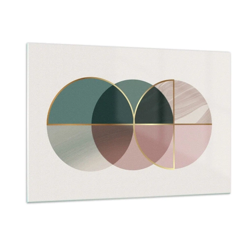 Obraz na szkle - Geometryczne figury z odcieniami zieleni i różu na jasnym tle - 120x80cm - Koło za kołem… - Nowoczesna dekoracja ścienna do salonu, kuchni i sypialni ARTTOR