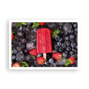 Plakat - Czerwony lód na patyku w otoczeniu owoców i lodu - 100x70cm - Smak gorącego lata - Nowoczesna dekoracja ścienna do salonu i sypialni ARTTOR