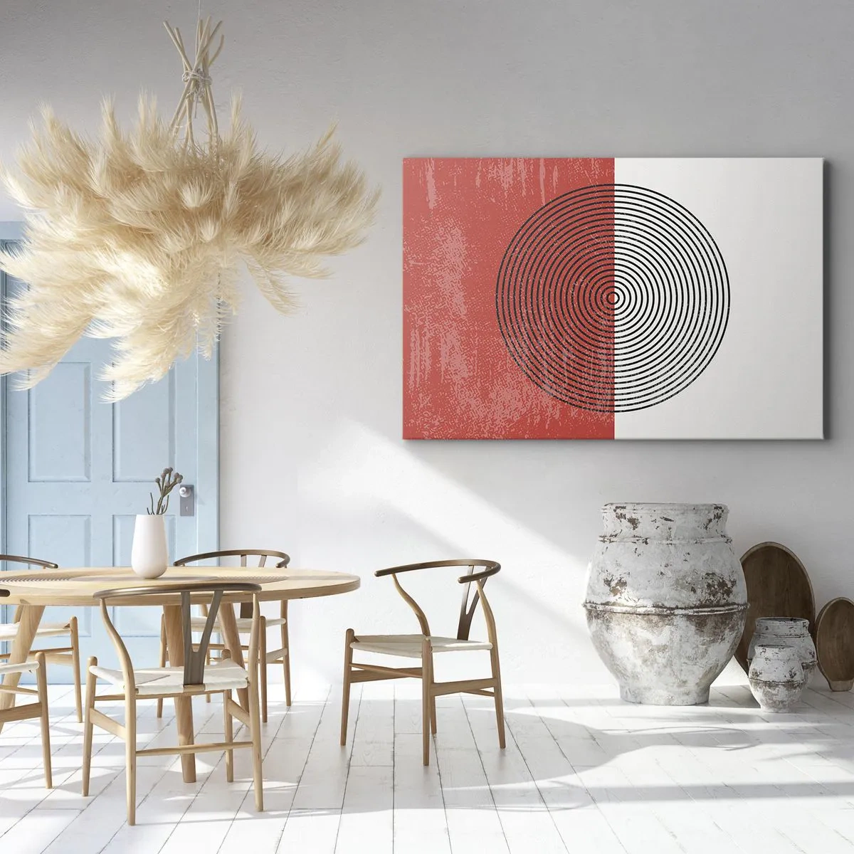 Obraz na płótnie - Geometryczny wzór z koncentrycznymi kołami na czerwono-białym tle - 100x70cm - W samo sedno - Nowoczesna dekoracja ścienna do salonu, kuchni i sypialni ARTTOR