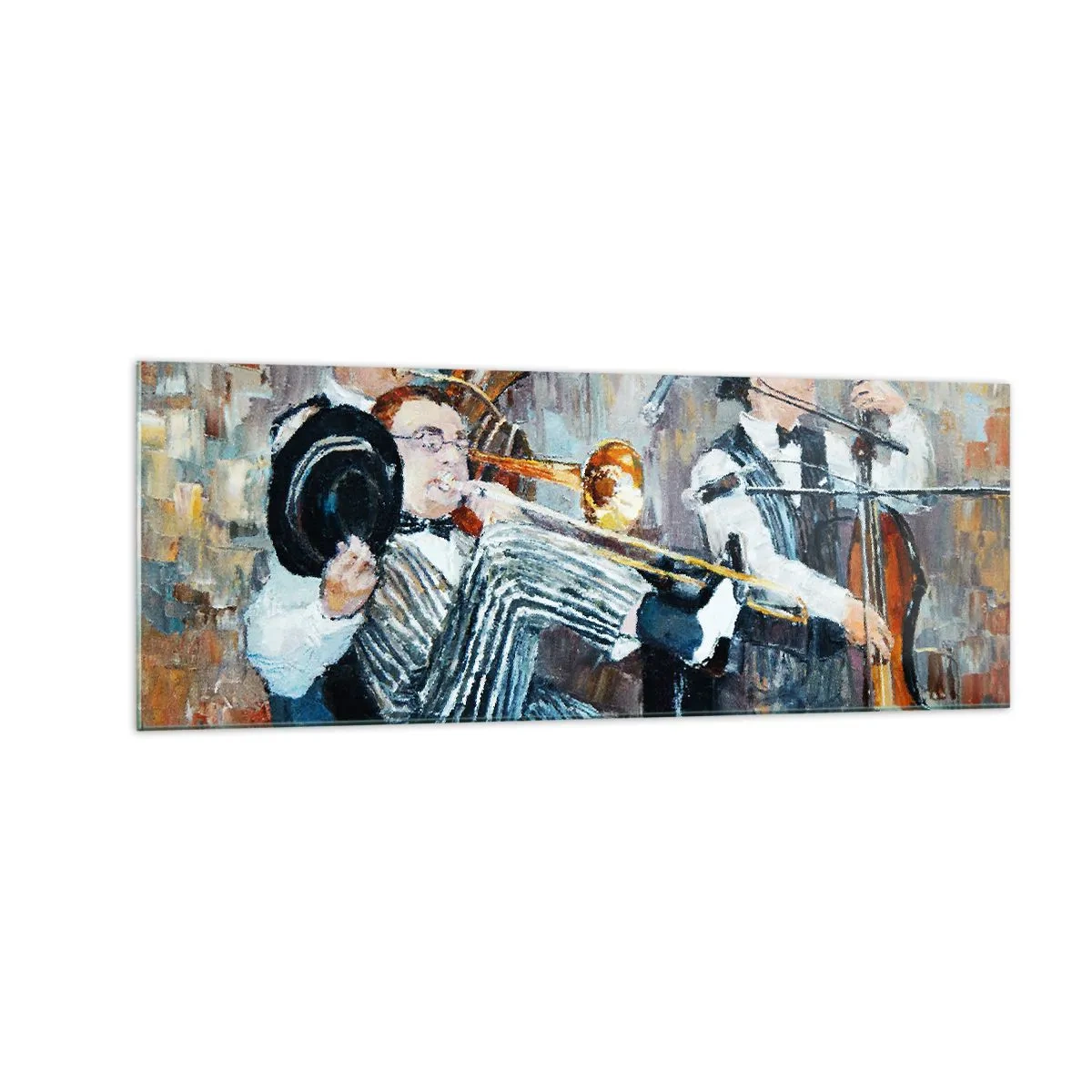 Obraz na szkle - Muzycy jazzowi w stylu malarskim podczas koncertu - 140x50cm - Cały ten jazz - Nowoczesna dekoracja ścienna do salonu i sypialni ARTTOR