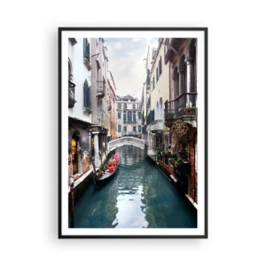Plakat w czarnej ramie - Pejzaż wenecki z gondolą i mostkiem - 70x100 cm