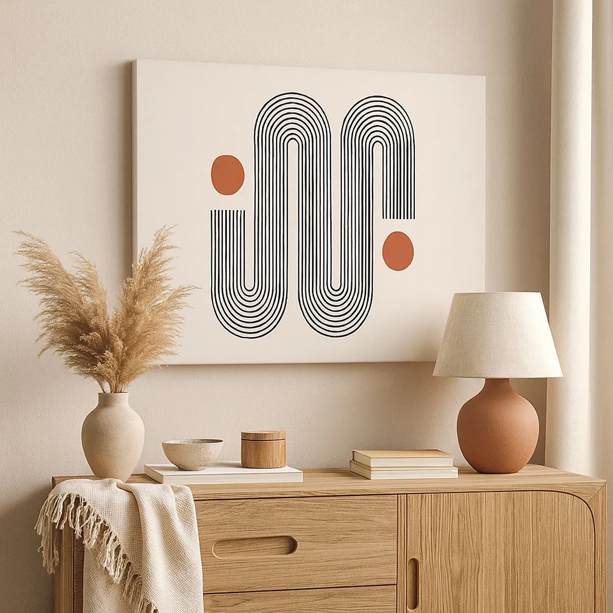 Obraz na płótnie - Geometryczny wzór z liniami i pomarańczowymi okręgami - 70x50cm - Od początku do końca - Nowoczesna dekoracja ścienna do salonu i sypialni ARTTOR