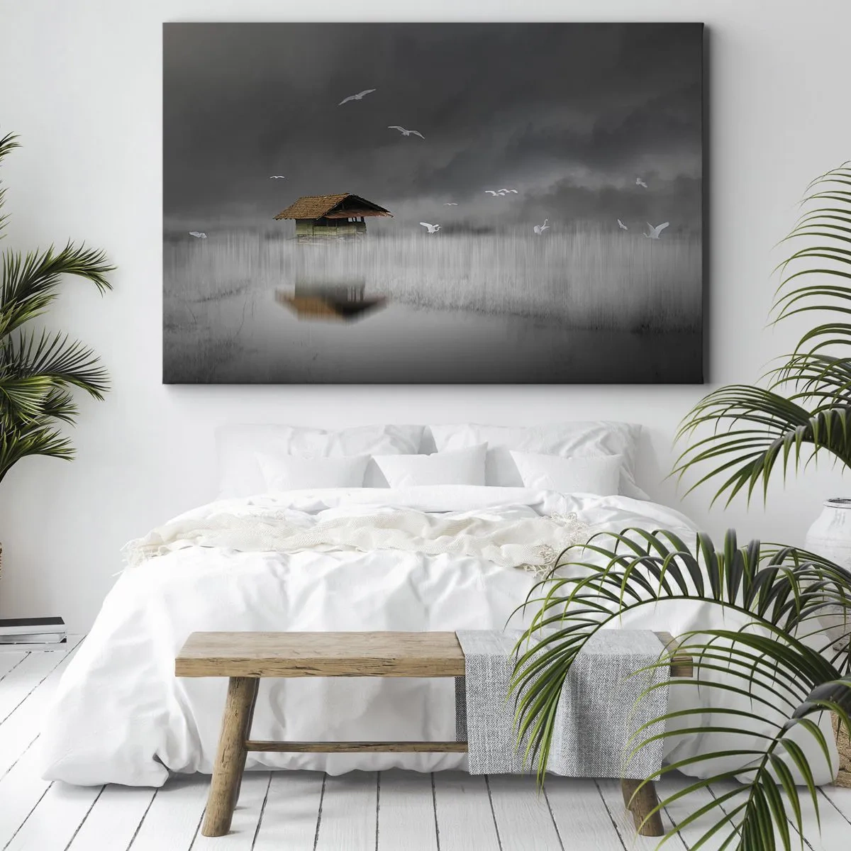 Obraz na płótnie - Samotna chata na wodzie otoczona mgłą i ptakami - 70x50cm - Schronienie przed deszczem - Nowoczesna dekoracja ścienna do salonu i sypialni ARTTOR