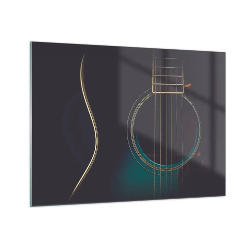 Obraz na szkle - Czarna gitara akustyczna w zbliżeniu z detalami strun - 70x50cm - Chwila zanim zabrzmi - Nowoczesna dekoracja ścienna do salonu i sypialni ARTTOR