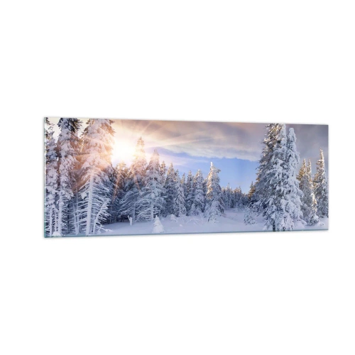 Obraz na szkle - Zimowy krajobraz z ośnieżonym lasem o zachodzie słońca - 140x50cm - Snieżny spektakl natury - Nowoczesna dekoracja ścienna do salonu i sypialni ARTTOR