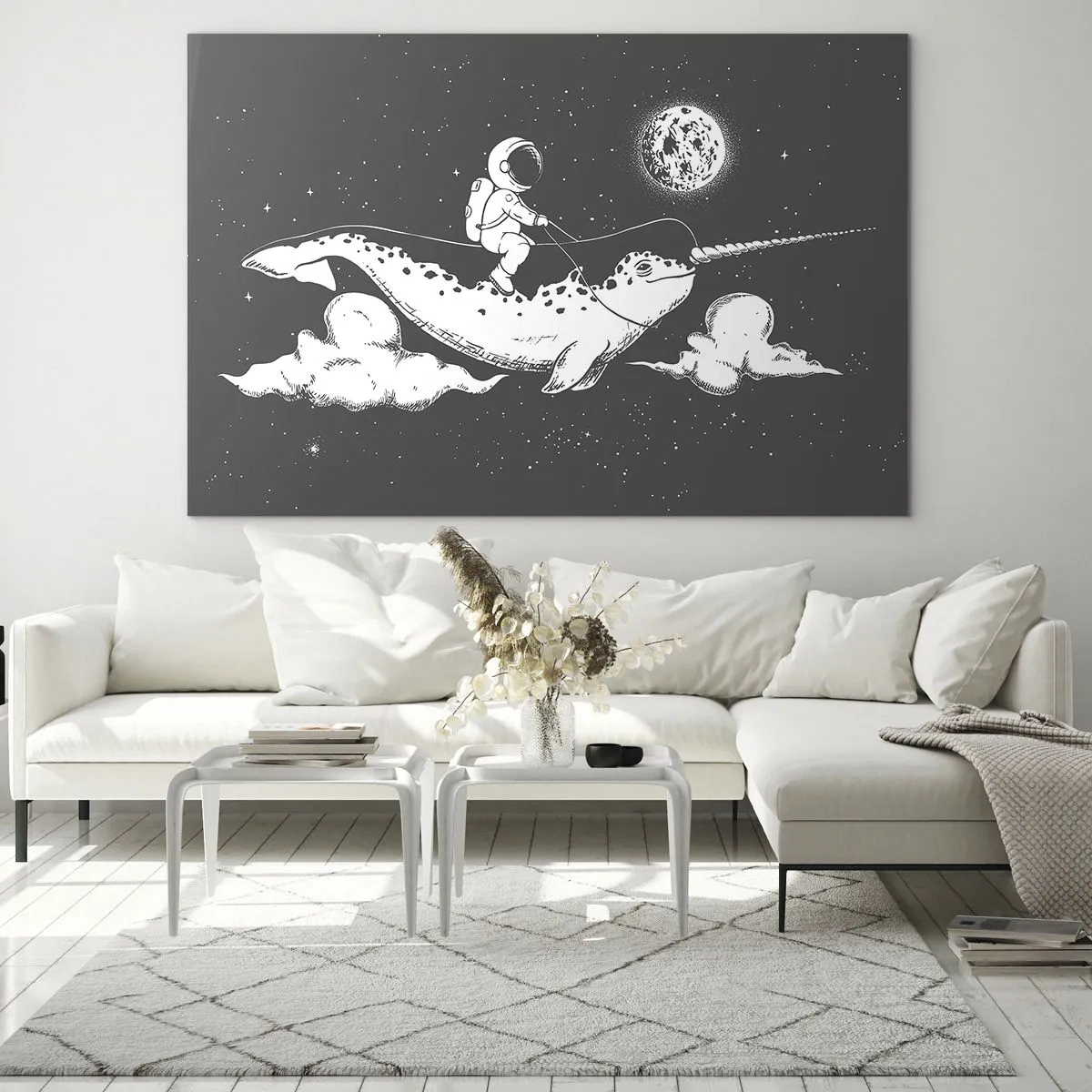 Obraz na szkle - Astronauta lecący na narwalu w kosmicznej scenerii - 70x50cm - Kosmiczny jeździec - Nowoczesna dekoracja ścienna do salonu i sypialni ARTTOR