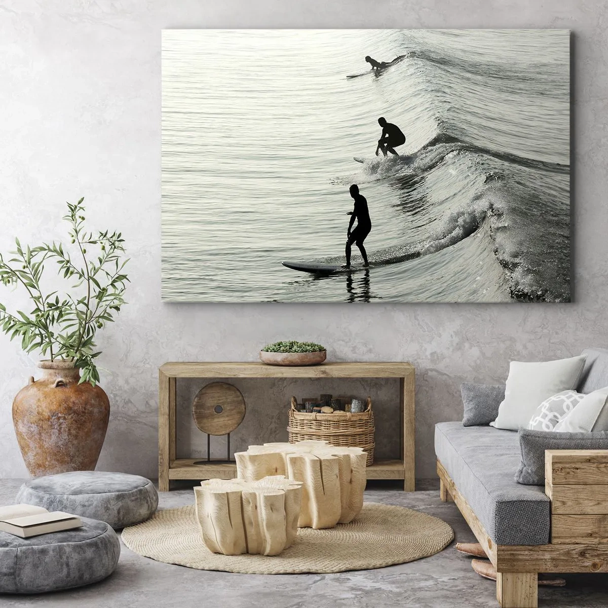 Obraz na płótnie - Surferzy na falach w monochromatycznym ujęciu - 70x50cm - Na spotkanie fali - Nowoczesna dekoracja ścienna do salonu i sypialni ARTTOR