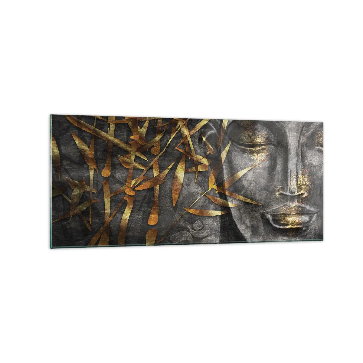 Obraz na szkle - Zen wizerunek Buddy z złotymi bambusami - 120x50cm - Poczuj spokój - Nowoczesna dekoracja ścienna do salonu i sypialni ARTTOR