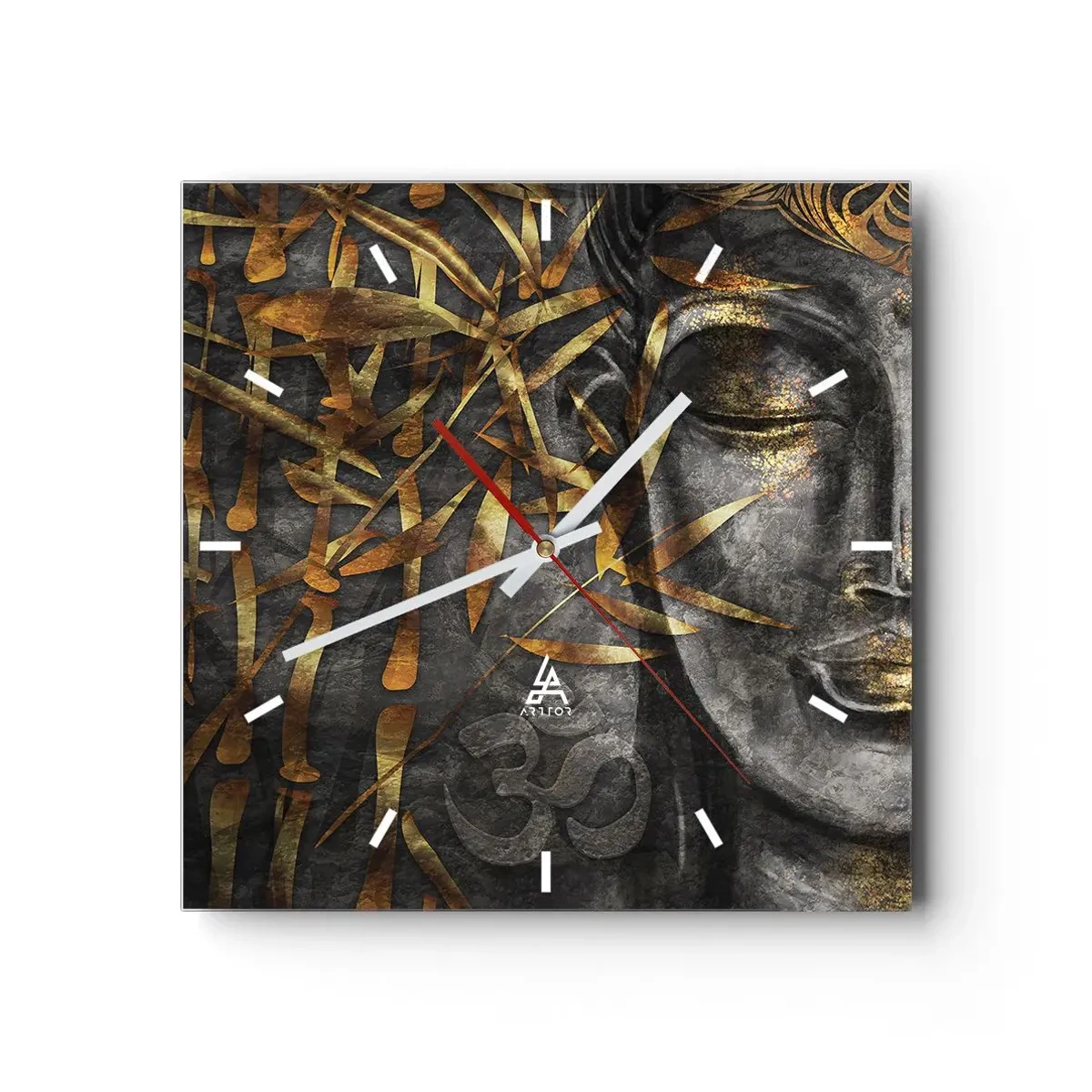 Zegar ścienny - Zen wizerunek Buddy z złotymi bambusami - 30x30cm - Poczuj spokój - Nowoczesna dekoracja ścienna do salonu i sypialni ARTTOR