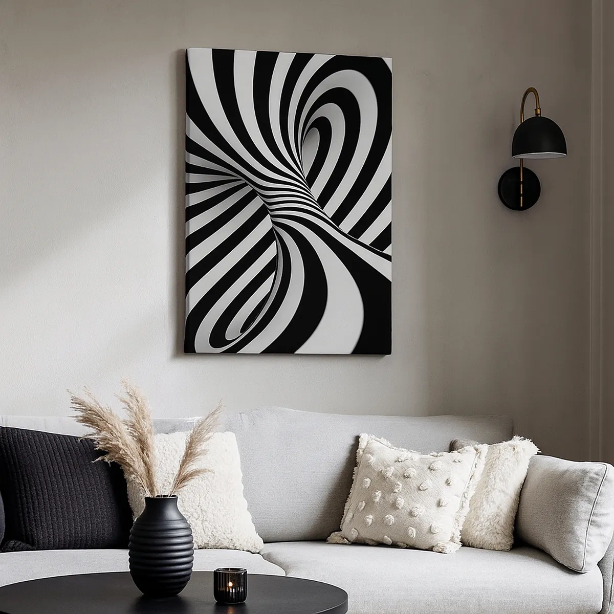 Obraz na płótnie - Czarno-biała spiralna abstrakcja - 50x70cm - Kompozycja: tańcząca przestrzeń - Nowoczesna dekoracja ścienna do salonu, kuchni i sypialni ARTTOR