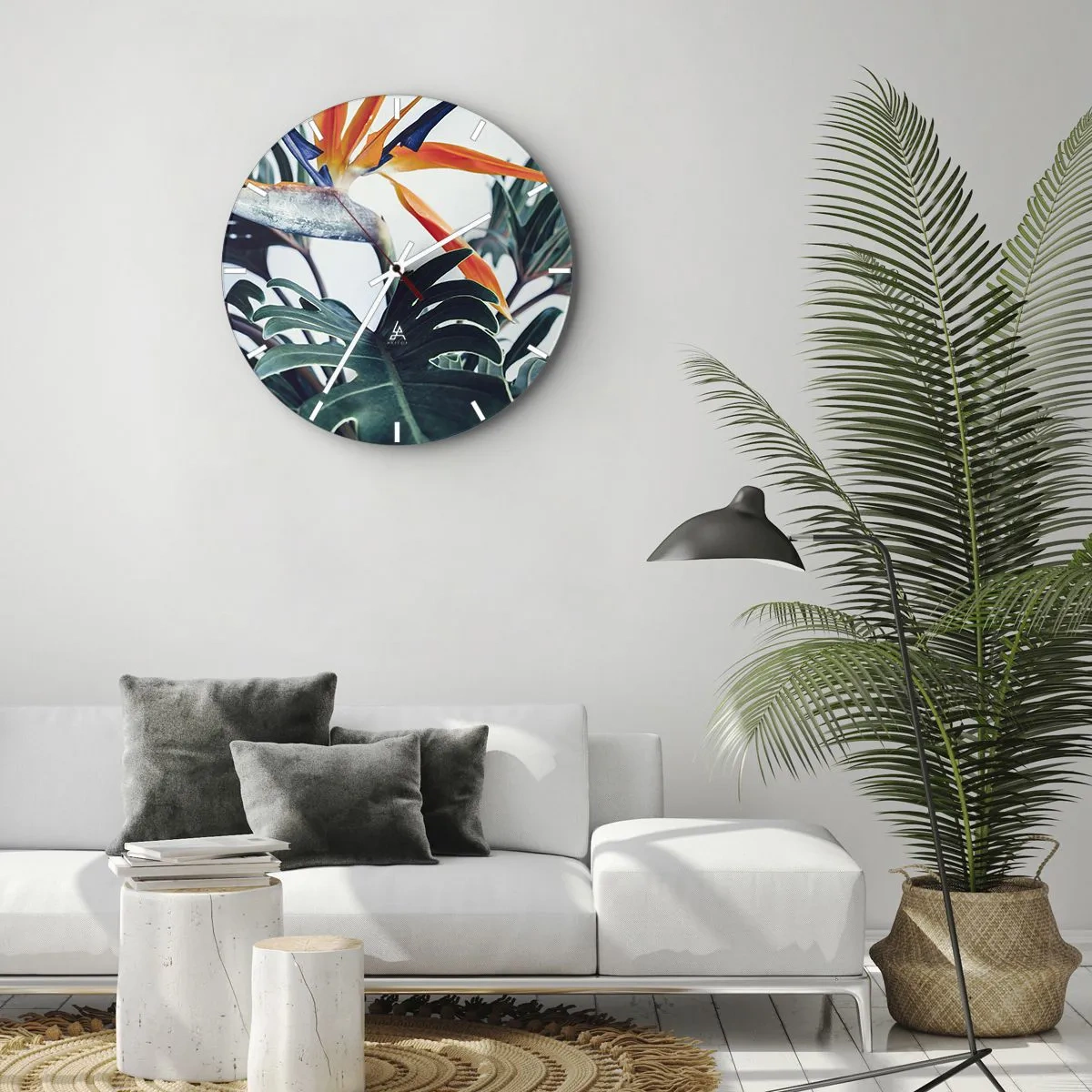 Zegar ścienny - Liście tropikalne i kwiat strelicji na jasnym tle - 30x30cm - Ptakokrzak - Nowoczesna dekoracja ścienna do salonu, kuchni i sypialni ARTTOR