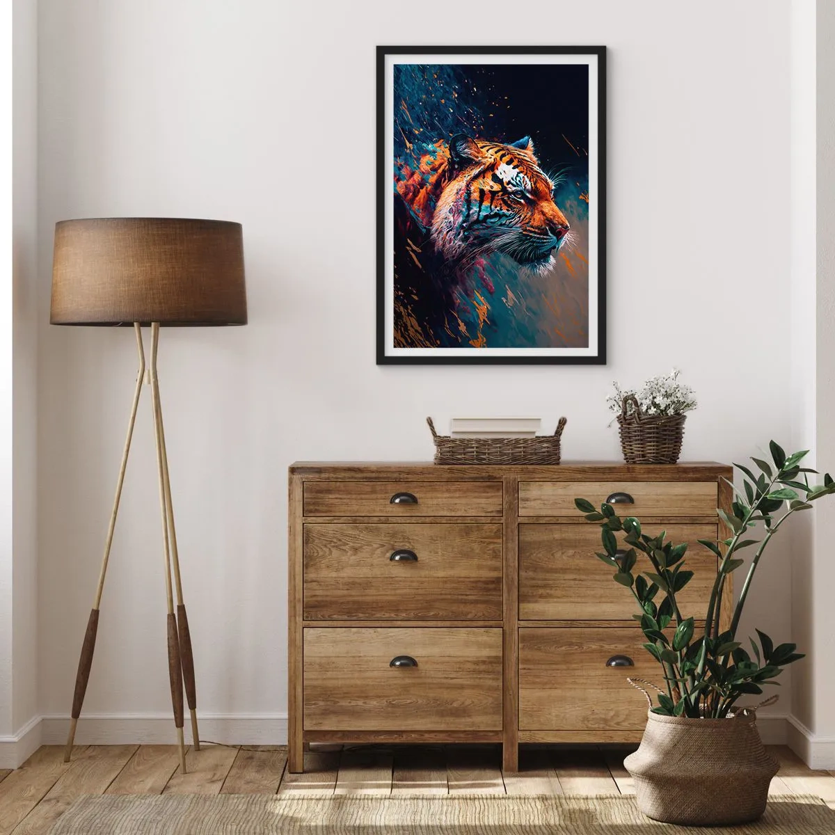 Plakat w czarnej ramie - Dynamiczny portret tygrysa w artystycznym stylu - 50x70cm - Dzikie piękno - Nowoczesna dekoracja ścienna do salonu i sypialni ARTTOR