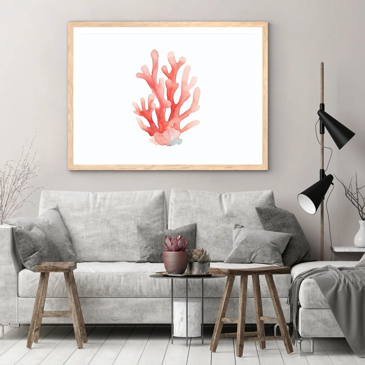 Plakat w ramie jasny dąb - Koral koloru koralowego - 91x61 cm