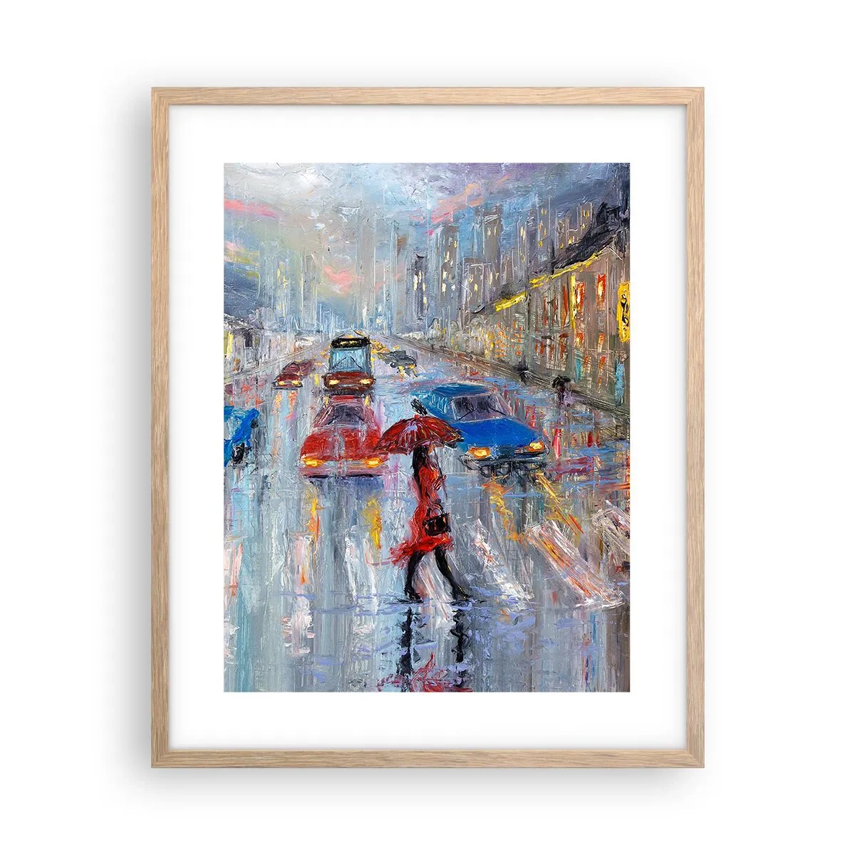 Plakat w ramie jasny dąb - Deszczowe popołudnie w mieście - 40x50 cm