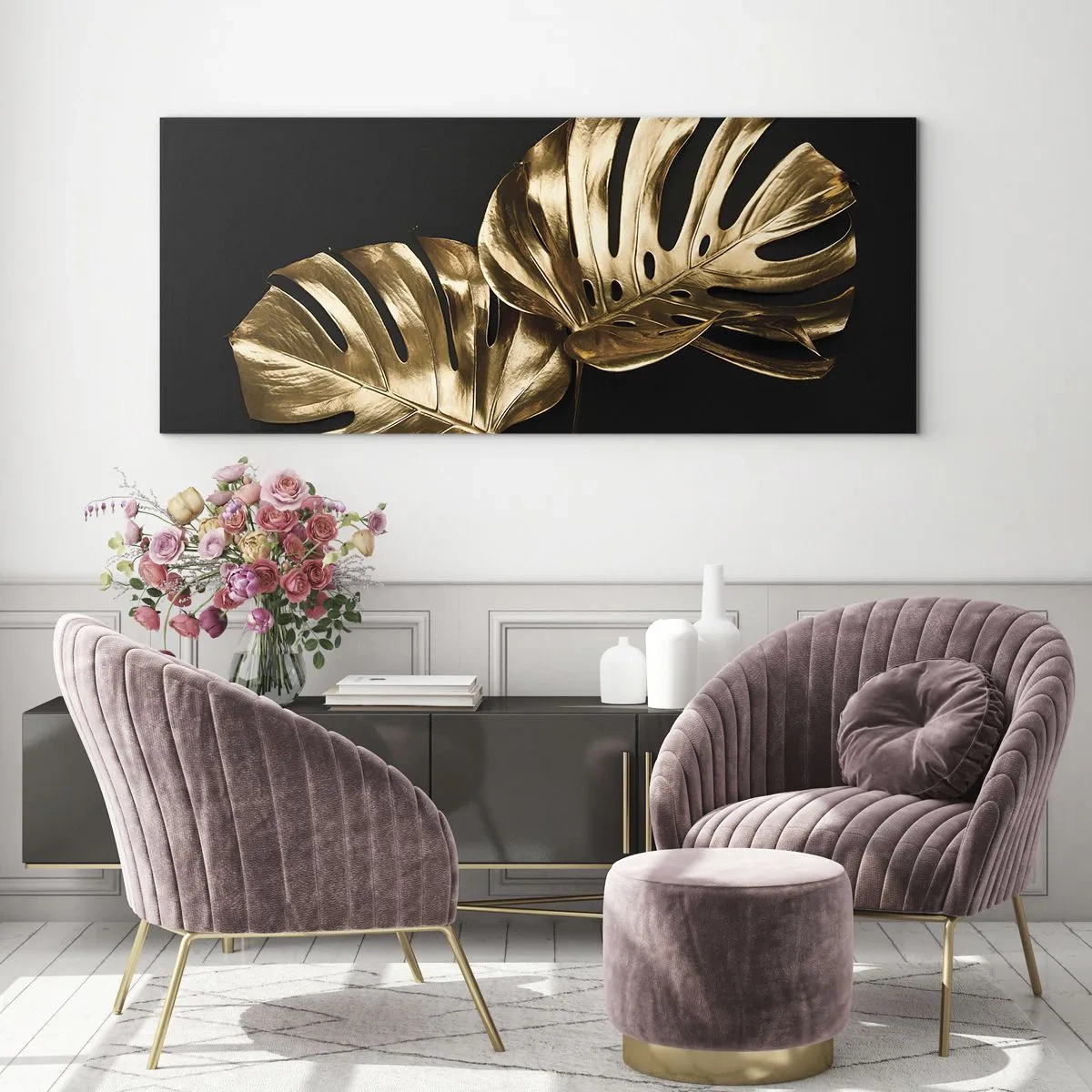 Obraz na szkle - Złote liście monstery na czarnym tle - 120x50cm - Skarby natury - Nowoczesna dekoracja ścienna do salonu i sypialni ARTTOR