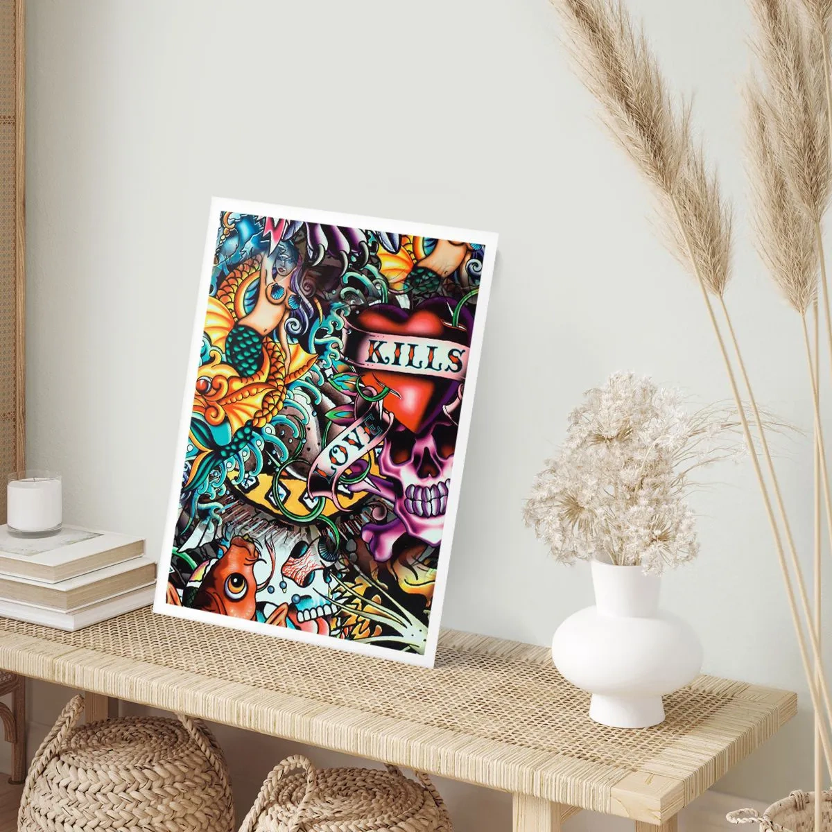 Plakat - Abstrakcyjny tatuaż z czaszką, sercem i napisem - 50x70cm - Sen tatuażysty - Nowoczesna dekoracja ścienna do salonu, kuchni i sypialni ARTTOR