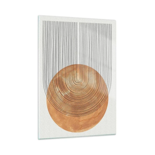 Obraz na szkle - Geometryczna forma z koncentrycznymi liniami i złotym kołem - 50x70cm - Kompozycja słoneczna - Nowoczesna dekoracja ścienna do salonu, kuchni i sypialni ARTTOR