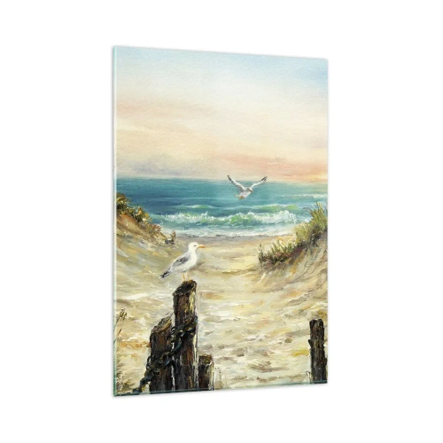 Obraz na szkle - Wybrzeże z mewami i wydmami o zachodzie słońca - 80x120cm - Bezwietrzne zacisze - Nowoczesna dekoracja ścienna do salonu i sypialni ARTTOR