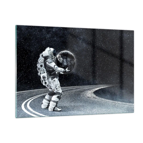 Obraz na szkle - Astronauta niosący Ziemię po drodze we wszechświecie - 120x80cm - Na Mlecznej Drodze - Nowoczesna dekoracja ścienna do salonu, kuchni i sypialni ARTTOR
