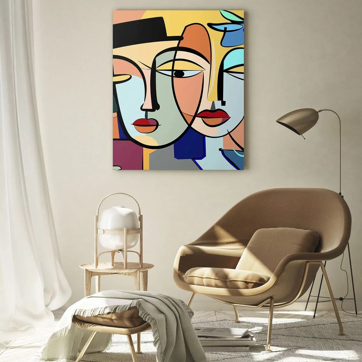 Obraz na szkle - Kolorowe twarze w stylu kubistycznym z kwiatami - 50x70cm - Picassowskie randez vous - Nowoczesna dekoracja ścienna do salonu, kuchni i sypialni ARTTOR