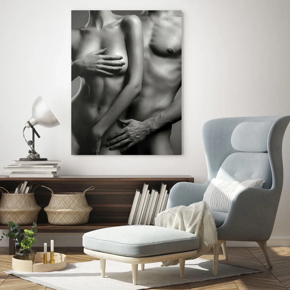 Obraz na szkle - Czarno-białe przedstawienie kobiecego i męskiego ciała w artystycznej pozie - 80x120cm - Adam i Ewa - Nowoczesna dekoracja ścienna do salonu i sypialni ARTTOR