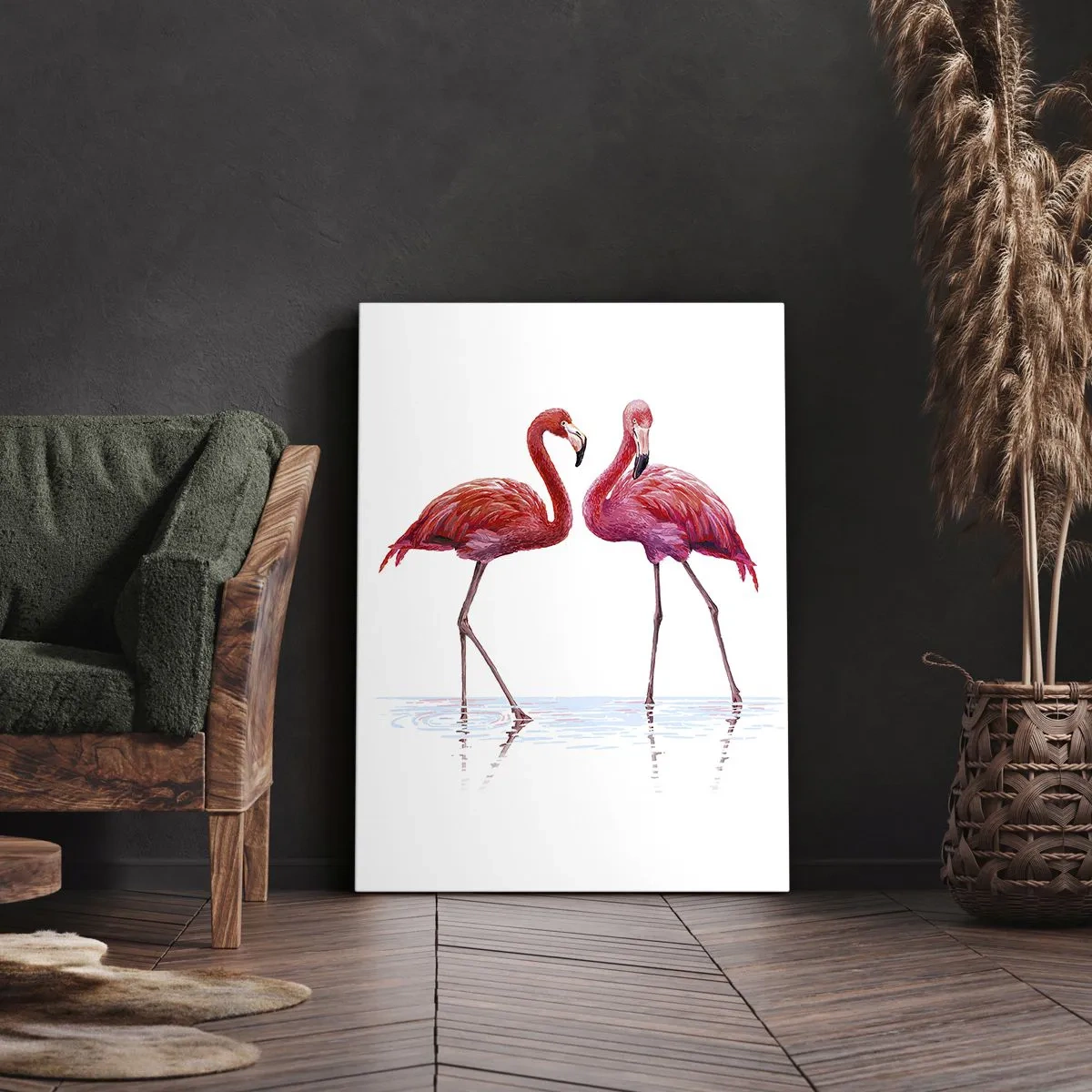 Obraz na płótnie - Para flamingów w wodzie na jasnym tle - 80x120cm - Różowe randez-vous - Nowoczesna dekoracja ścienna do salonu i sypialni ARTTOR