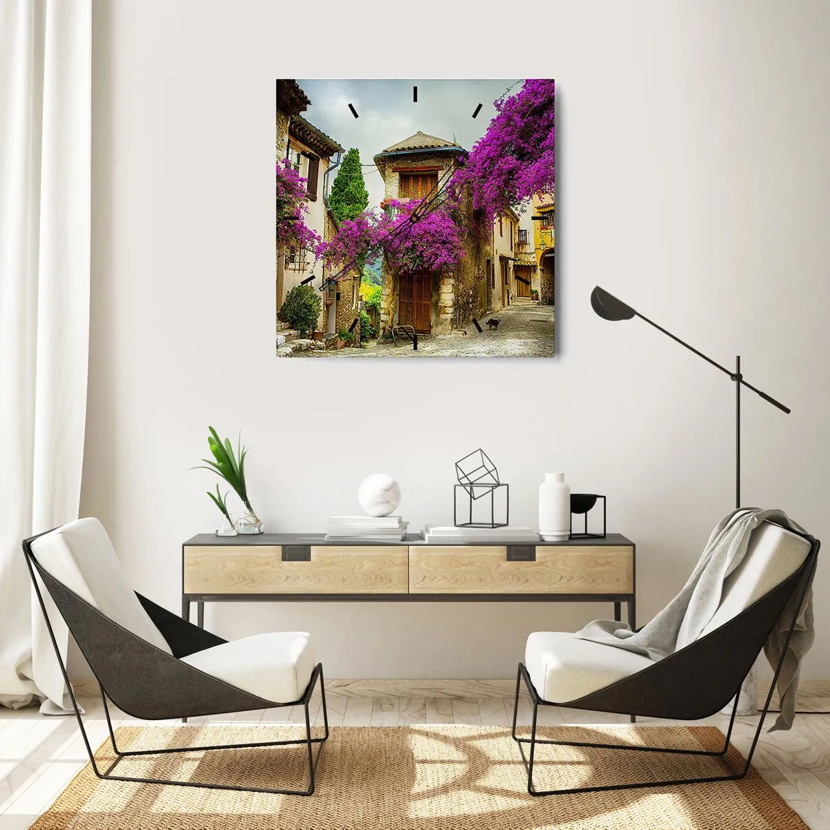 Zegar ścienny - Kamienna uliczka z różowymi kwiatami i domami - 30x30cm - Pod kwietnym baldachimem - Nowoczesna dekoracja ścienna do salonu i sypialni ARTTOR