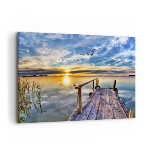 Obraz na płótnie - Drewniany pomost nad jeziorem o zachodzie słońca - 120x80cm - Wiatr idzie na spoczynek - Nowoczesna dekoracja ścienna do salonu, kuchni i sypialni ARTTOR